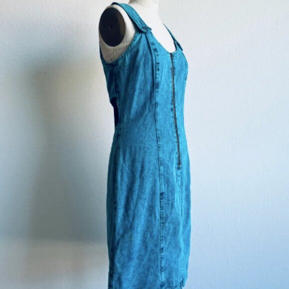 Vintage 80s Blue Turquoise Acid Wash Cutout Denim Dress - Picture 3 of 4